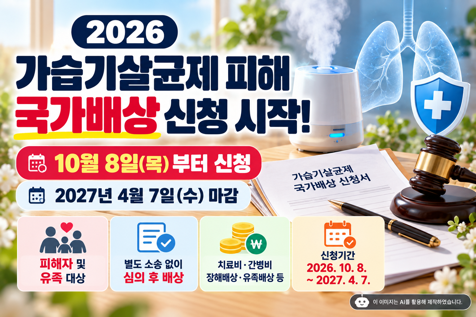 2026 가습기살균제 피해 국가배상 10월 8일 신청 시작 2027년 4월 7일 마감