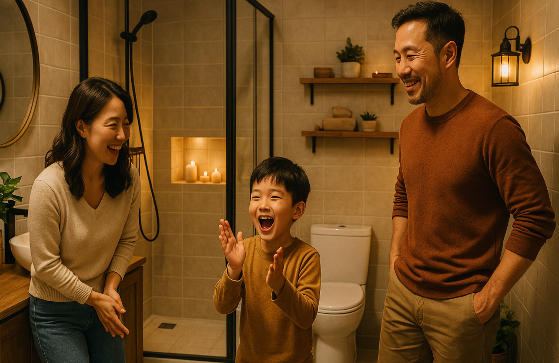 예쁘게 변한 화장실을 보고 기뻐하는 아이와 흐뭇해 하는 부모의 모습