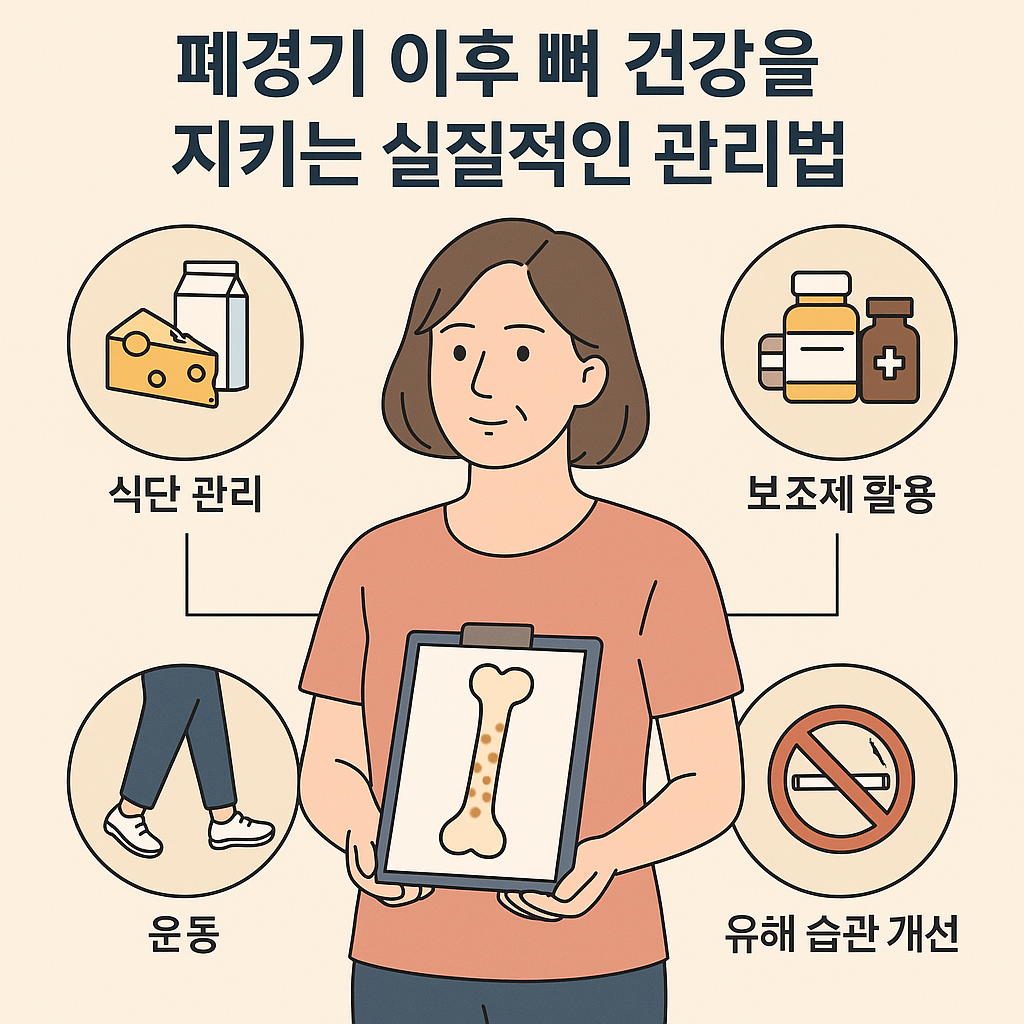폐경기 이후 뼈 건강 관리법 4가지와 중년 여성 그림