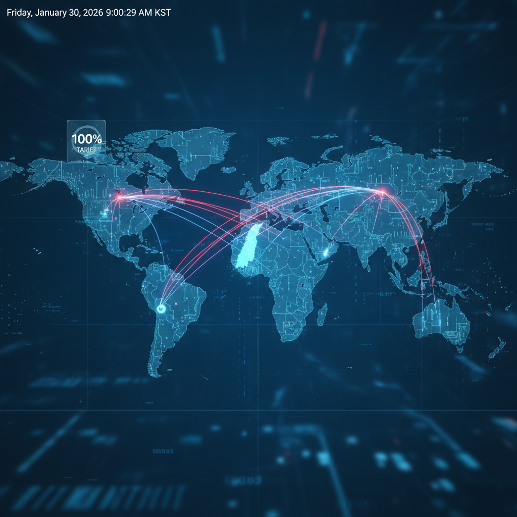 미국, 한국, 대만을 잇는 글로벌 반도체 공급망과 지정학적 영향력을 나타낸 지도 이미지