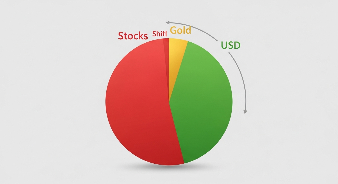 Pie chart animation shifting from stocks (red) to gold (gold) and USD (green).