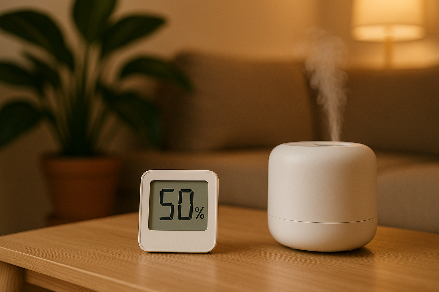 아늑한 거실에 놓인 디지털 습도계와 가습기가 있는 실내 풍경