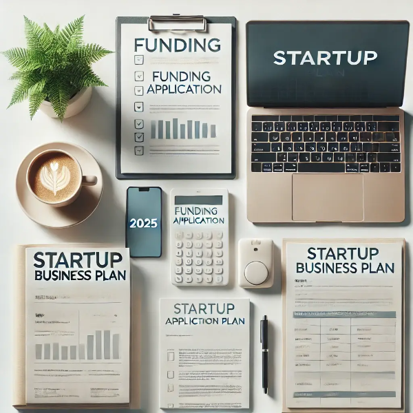 창업 사업계획서, 지원금 신청서류, 노트북과 커피가 정돈된 지원 준비 이미지