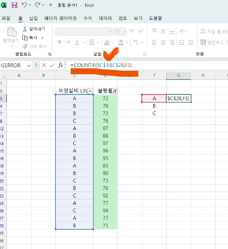 엑셀 색 기준 필터, COUNTIF함수