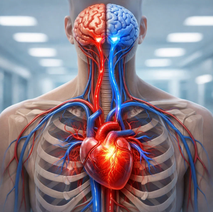 뇌와 심장을 연결하는 혈관 구조를 시각화한 인체 해부 일러스트, 심장 박동과 뇌 혈류의 연관성 표현