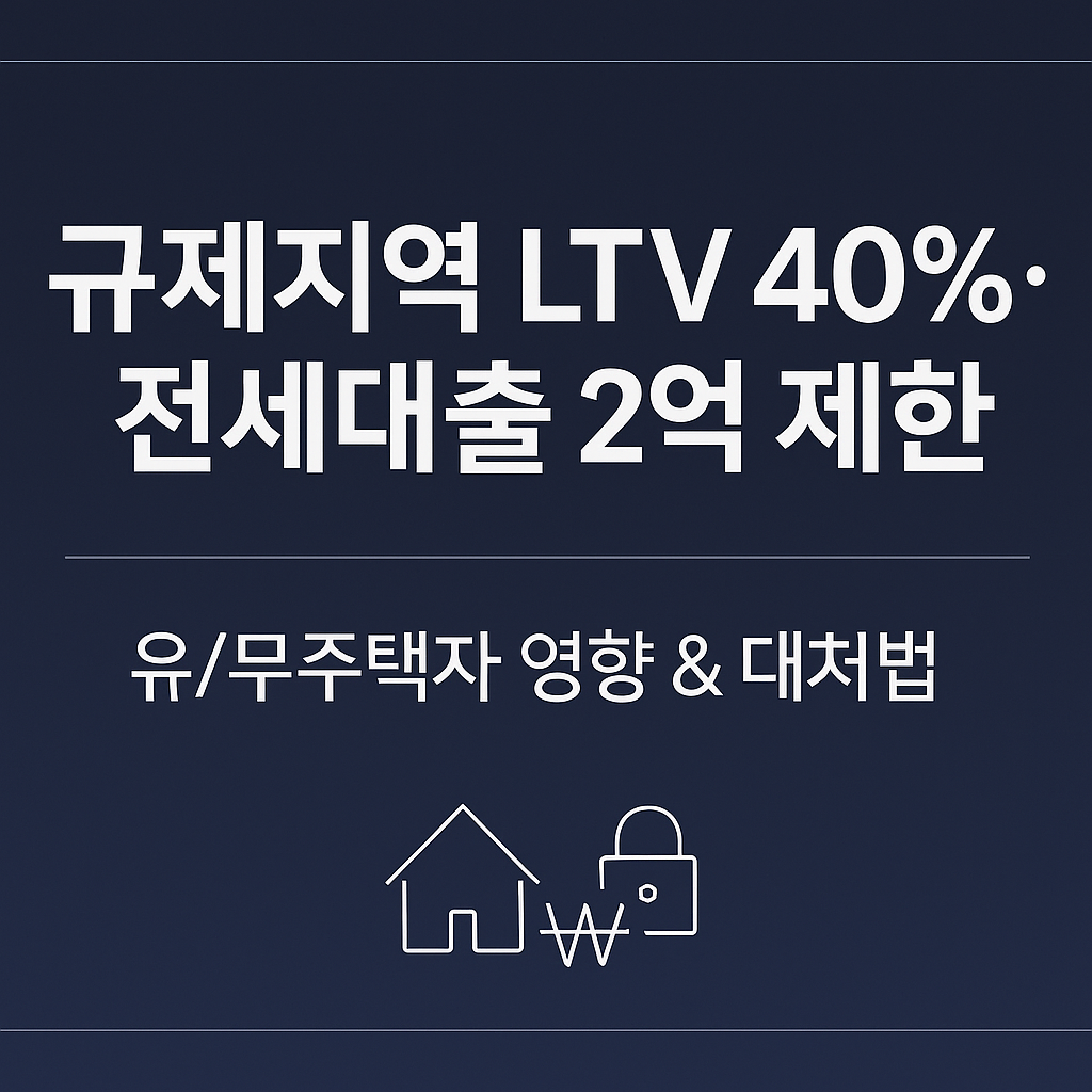 남색 그Radation 배경 중앙에 ‘규제지역 LTV 40%·전세대출 2억 제한’ 제목과 ‘유/무주택자 영향 & 대처법’ 부제가 안전 여백 안에 정렬된 미니멀 썸네일, 하단에 작은 집·자물쇠·₩ 라인 아이콘.