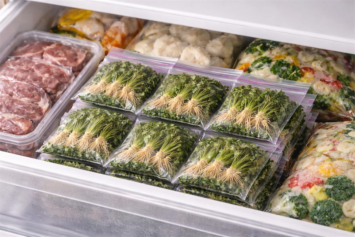 한 끼 분량으로 포장한 냉이를 냉동실에 정리한 모습 