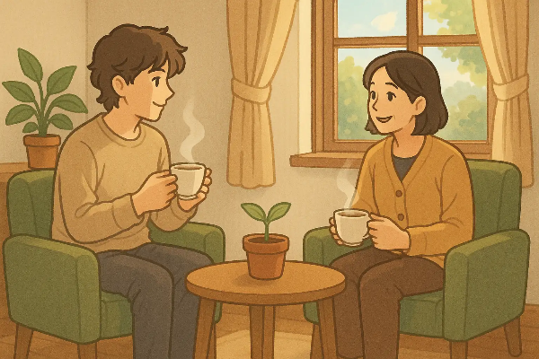 알코올 회복을 돕는 따뜻하고 안전한 환경, 지지적인 사람들과 평온한 공간, 창가에 놓인 화분과 햇살이 드는 모습