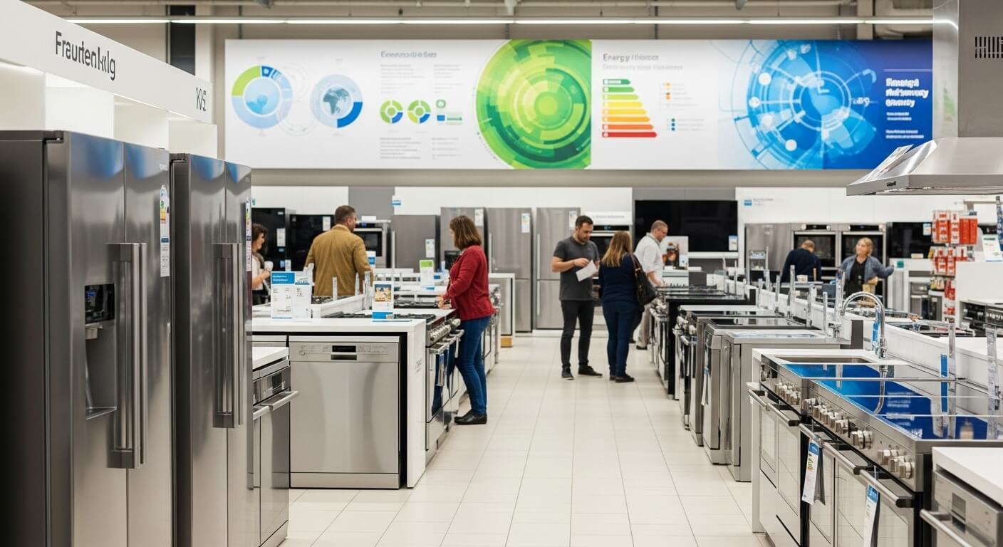 가전제품 매장에서 냉장고와 주방 가전을 살펴보는 고객들