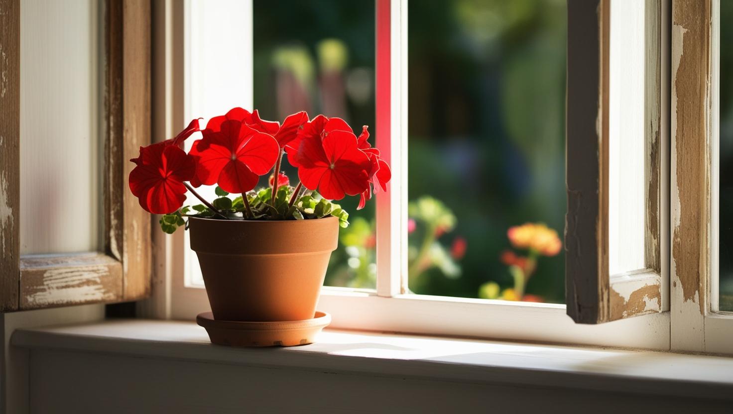 싱그러운 레드색의 꽃이 피어있는 화분과 창문