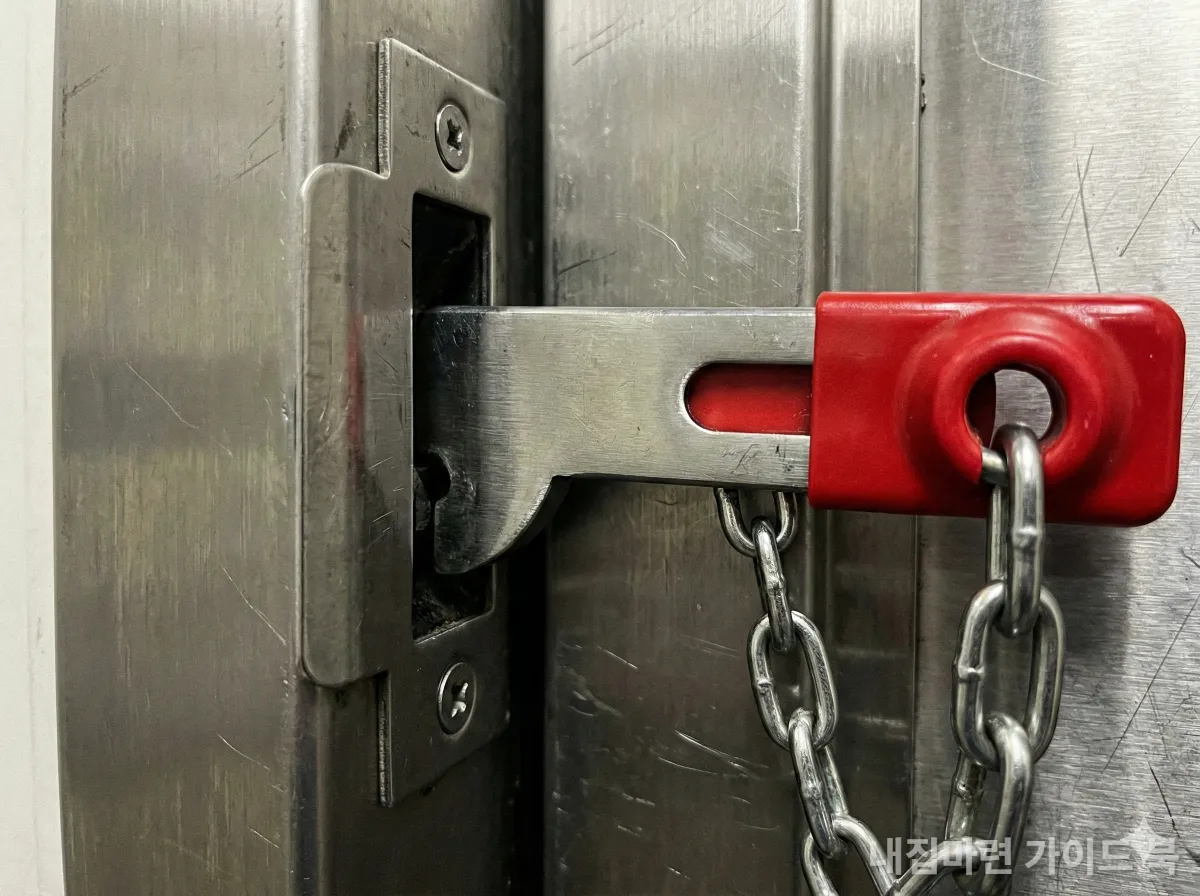현관문 안쪽에서 설치된 휴대용 이중 잠금 안전고리 디테일 샷