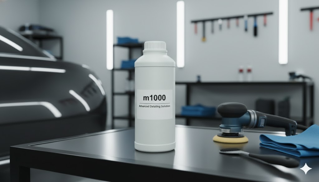 삼양플라스틱 m1000 불투명 백색 용기가 'm1000 Advanced Detailing Solution' 라벨을 부착하고, 현대적인 자동차 디테일링 스튜디오 작업대에 놓여 있습니다. 용기의 깔끔한 디자인과 안정감이 전문적인 자동차 케미컬 제품에 적합함을 강조합니다