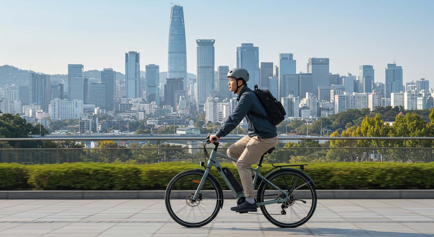 서울 도심에서 헬멧을 쓰고 전기 자전거를 타는 직장인의 리얼한 사진, 친환경 도시 교통수단, 전기 자전거 면허 필요 여부 분위기.