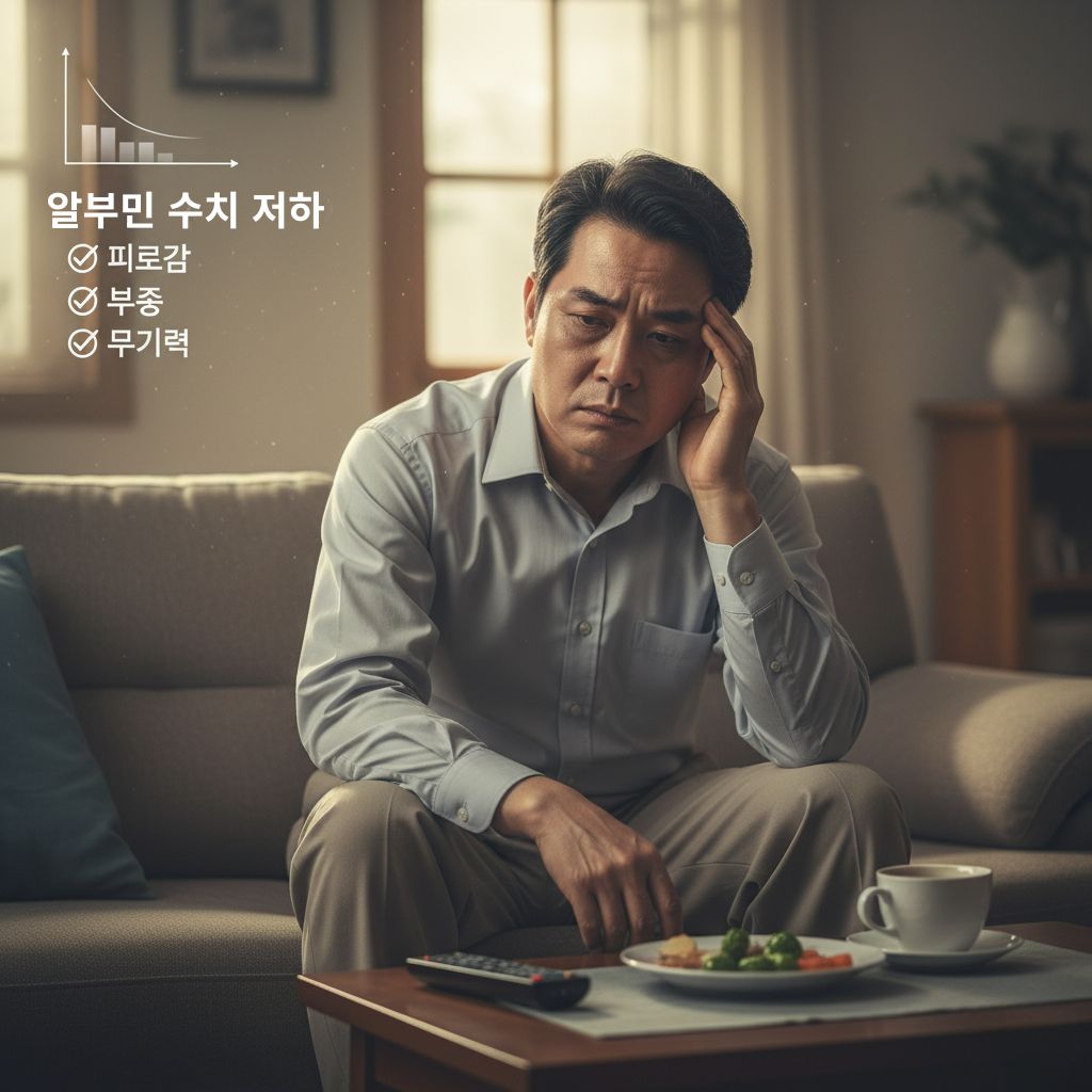 알부민 수치 저하로 피로감과 부종을 느끼는 중년 여성의 모습