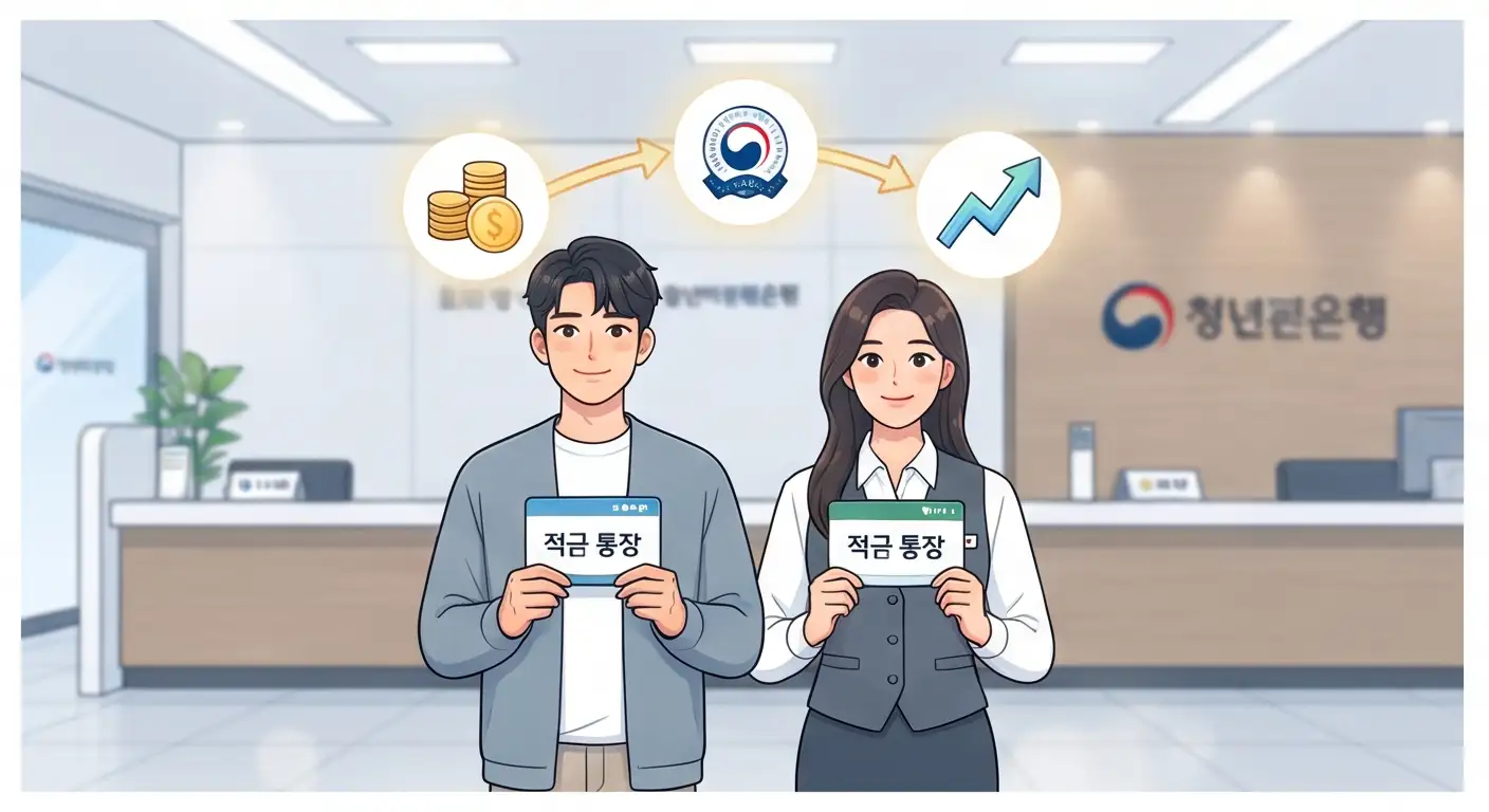 적금 통장을 들고 은행에서 정부 지원 혜택과 금리 상승을 기뻐하는 남녀