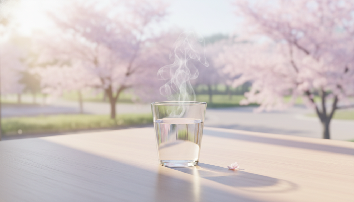 아침 햇살이 비치는 창가 테이블 위에 놓인 맑고 투명한 미지근한 물 한 잔의 평화로운 모습