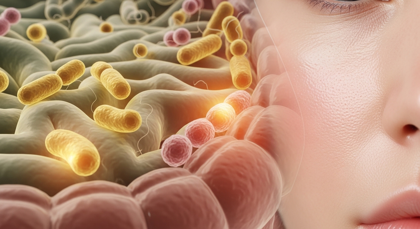 장 건강과 피부 건강의 연관성을 시각적으로 보여주는 일러스트레이션.