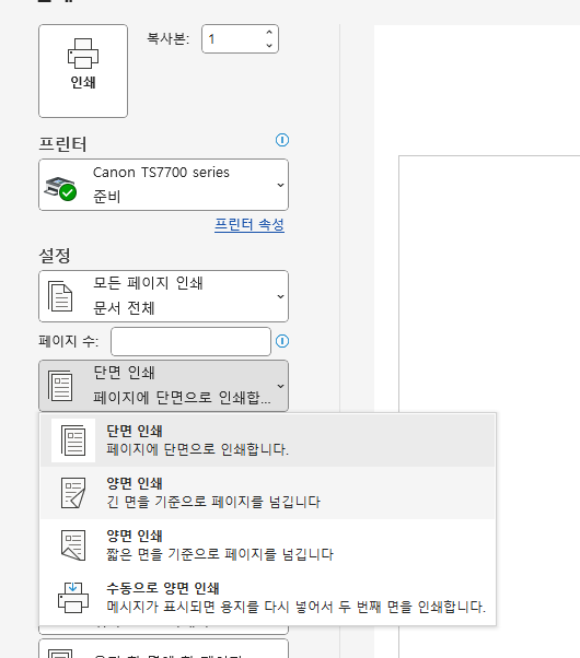 양면 인쇄 창