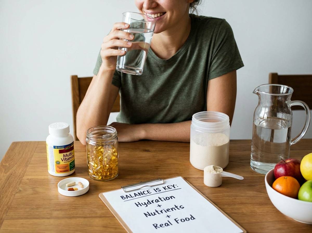 물을 충분히 마시는 모습과 적당량의 영양제가 놓인 테이블
