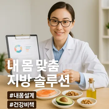 친절한 표정의 영양사(사람)가 건강 상담 차트와 함께 다양한 종류의 건강한 지방 음식(예: 오메가-3 풍부한 연어 조각, 아보카도 슬라이스, 한 줌의 호두, 작은 병의 올리브 오일)을 가리키며 설명하는 모습. 음식들은 각기 다른 작은 접시에 정갈하게 담겨 있고, 배경은 밝고 모던한 상담 공간. 전체적으로 신뢰감을 주며 개인 맞춤형 정보를 제공하는 듯한 분위기. 선명하고 부드러운 사진 스타일.