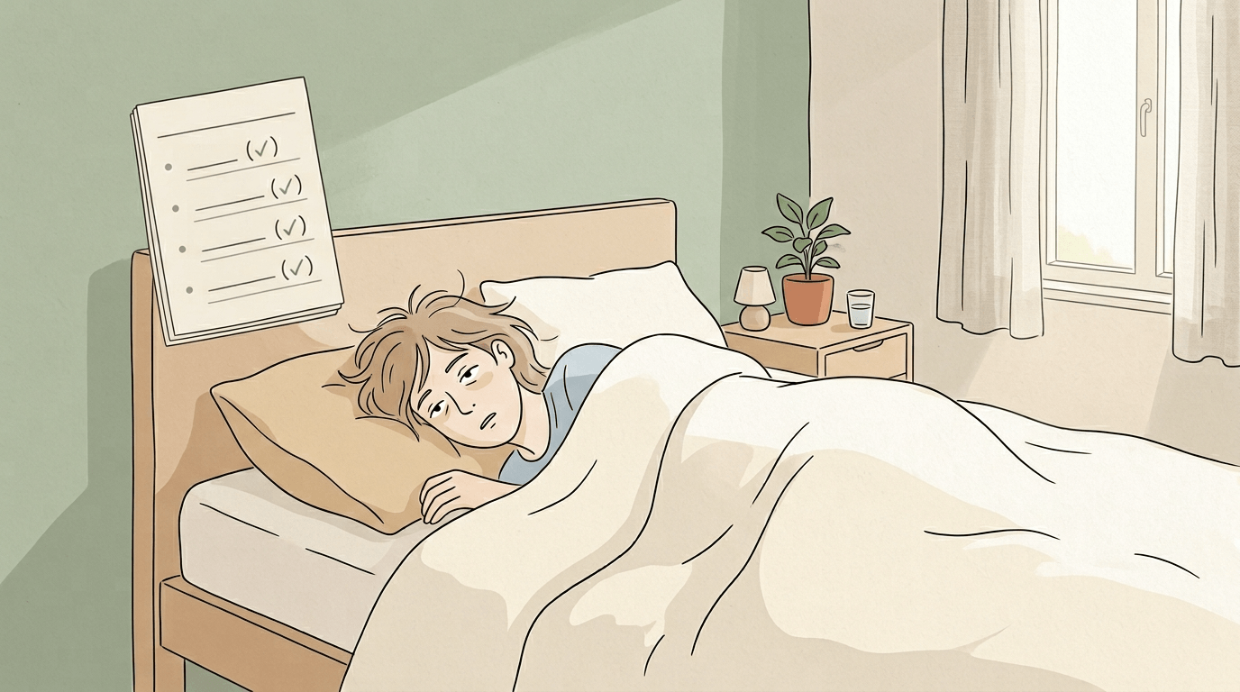 침대에 누운 사람과 체크리스트 아이콘