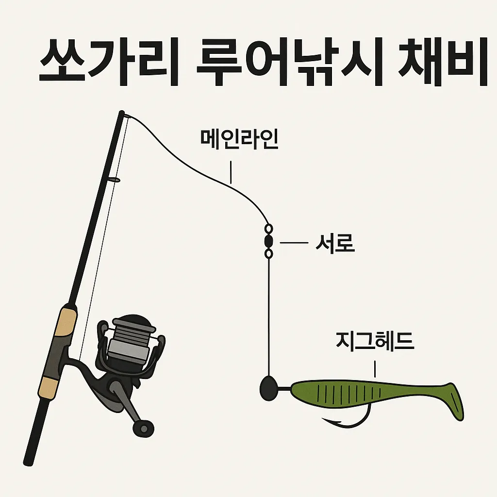 쏘가리 루어낚시 채비 구성을 보여주는 일러스트 도식