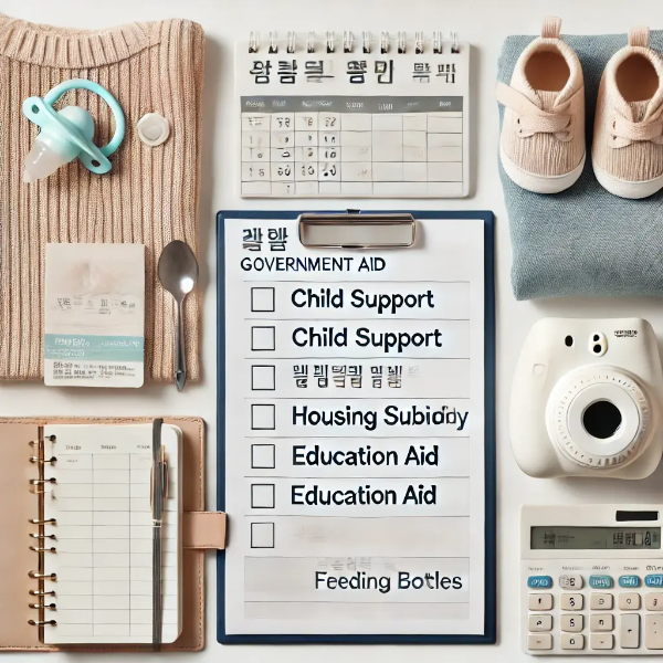 양육비, 교육지원, 주거보조를 상징하는 문서 및 아기 용품 정물 컷