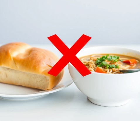 빵과 라면이 있고, 이미지 전면에는 빨간색으로 'X'표시가 그려져 있습니다.