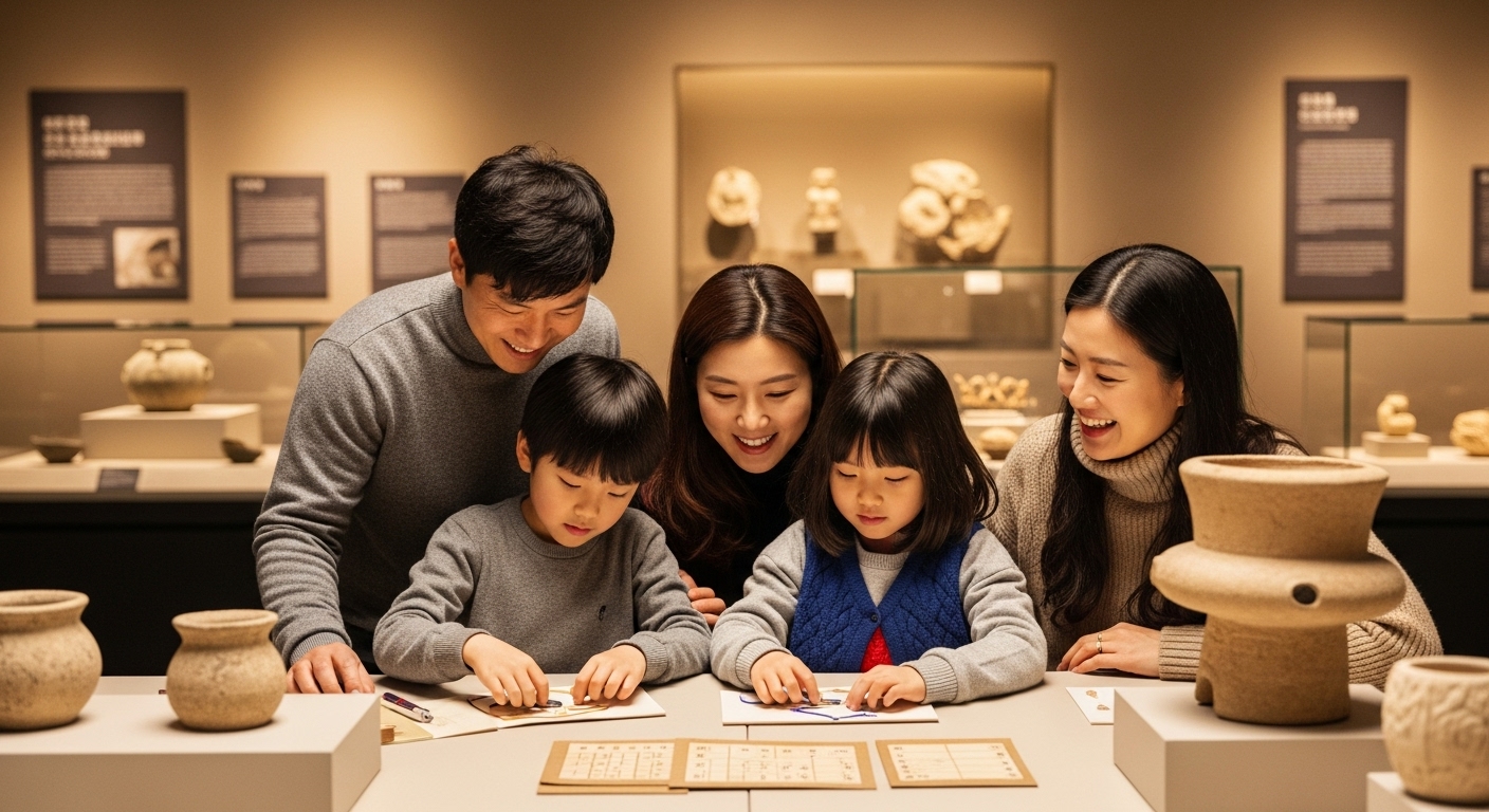 2025년 겨울, 한성백제박물관에서 아이들이 부모님과 함께 겨울 특별 교육 프로그램에 참여하며 즐거워하는 모습. 백제 유물들이 배경으로 보인다.