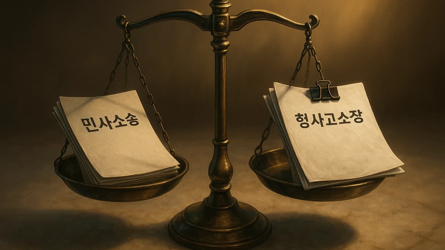 저울 위에 민사소송 서류와 형사고소장이 올려진 모습으로 두 선택지를 비교하는 이미지