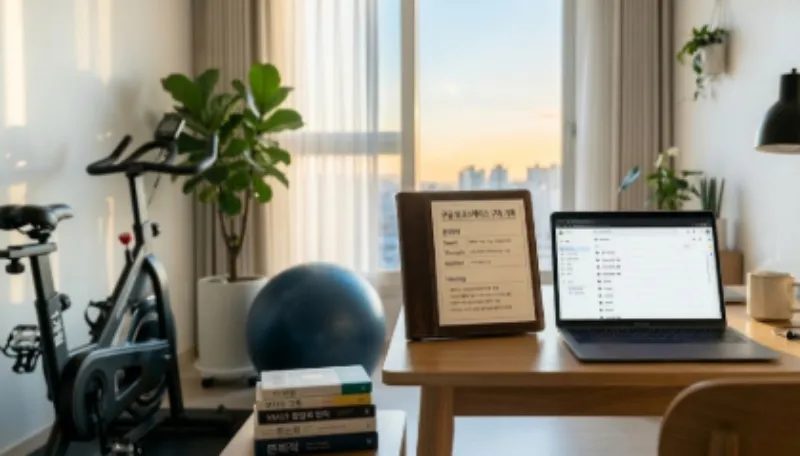 구글 워크스페이스 공유 드라이브 구축 매뉴얼과 바인더 기록으로 완성된 5시 정보부장 루틴 홈 오피스 사진 (A photo of a 5 AM IT manager routine home office with a Google Workspace Shared Drive manual and binder records)