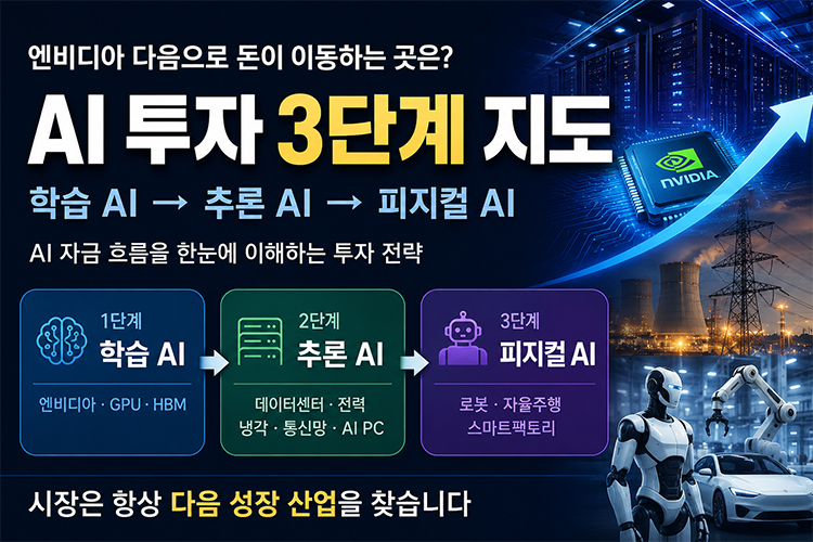 AI 투자 3단계 지도 인포그래픽. 학습 AI, 추론 AI, 피지컬 AI로 이어지는 자금 흐름과 엔비디아, 데이터센터, 전력 인프라, AI PC, 로봇, 자율주행 산업의 관계를 설명하는 이미지