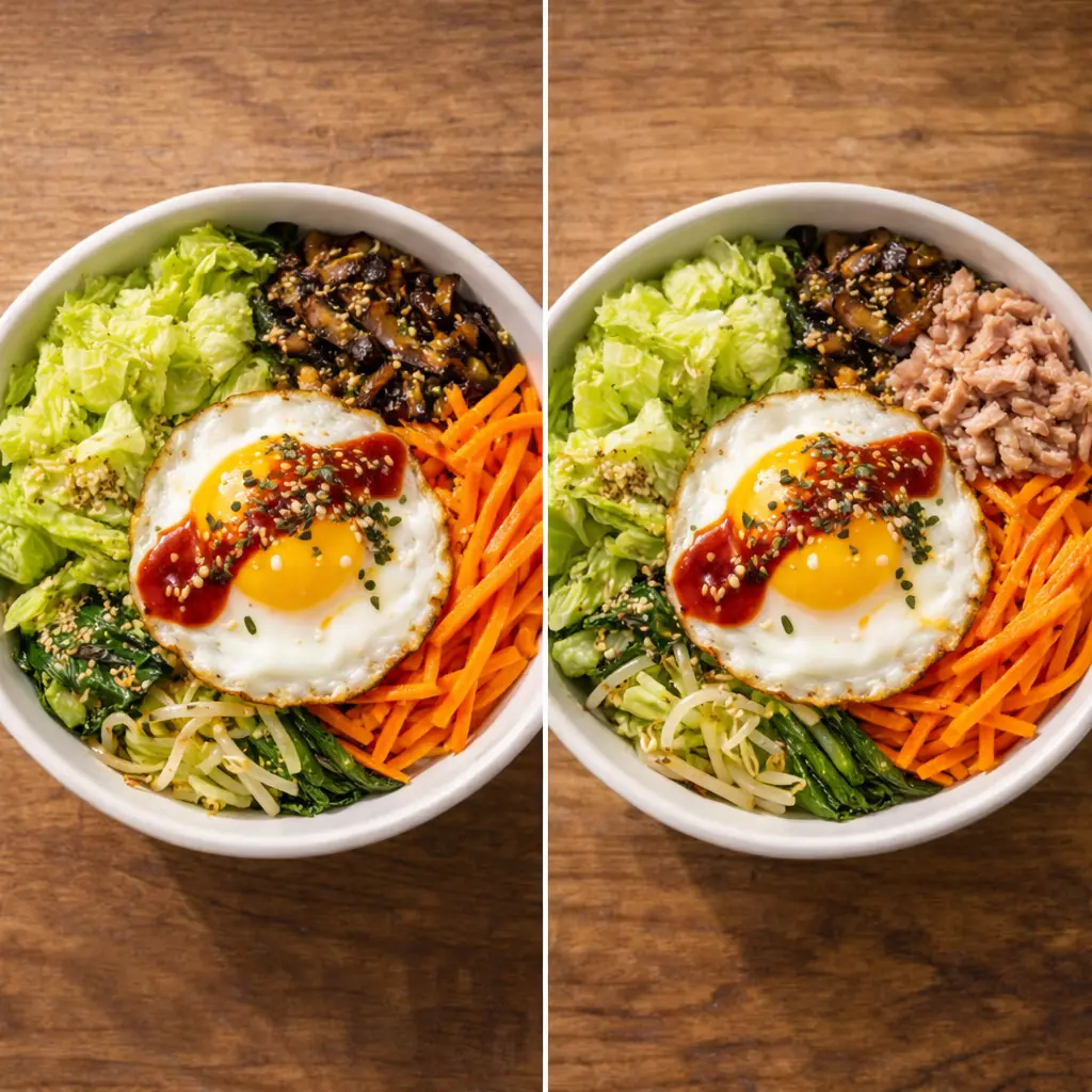 봄동비빔밥 기본 버전과 참치 추가 버전 비교 - 두 가지 플레이팅을 나란히 놓은 모습