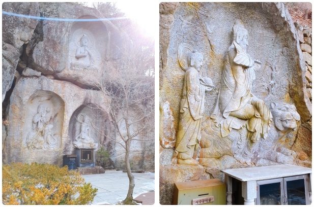 큰 바위에 조각된 산신 호랑이 비로자나불과 보살