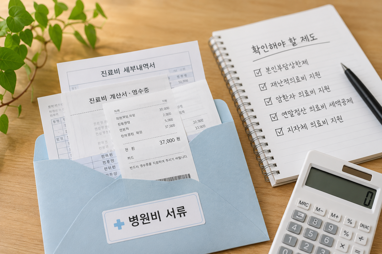 병원비 영수증과 진료비 세부내역서를 보관하며 환급금과 의료비 지원제도를 확인하는 모습