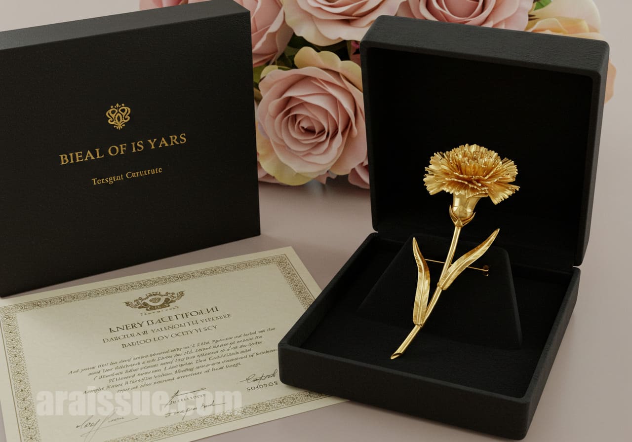 열린 블랙 벨벳 박스 안에 줄기와 잎이 있는 정교한 순금 카네이션 브로치가 놓여 있고, 왼쪽에는 금 보증서가 위치해 있으며, 뒤에는 파스텔톤 장미꽃다발이 함께 연출되어 고급스럽고 감성적인 분위기를 자아냅니다.