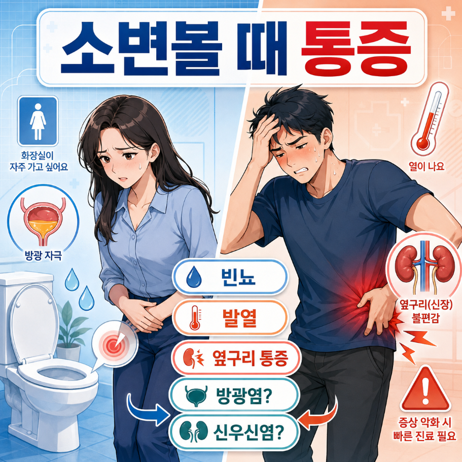 소변볼 때 통증과 빈뇨, 발열, 옆구리 통증에 따른 방광염&middot;신우신염 가능성 비교 이미지