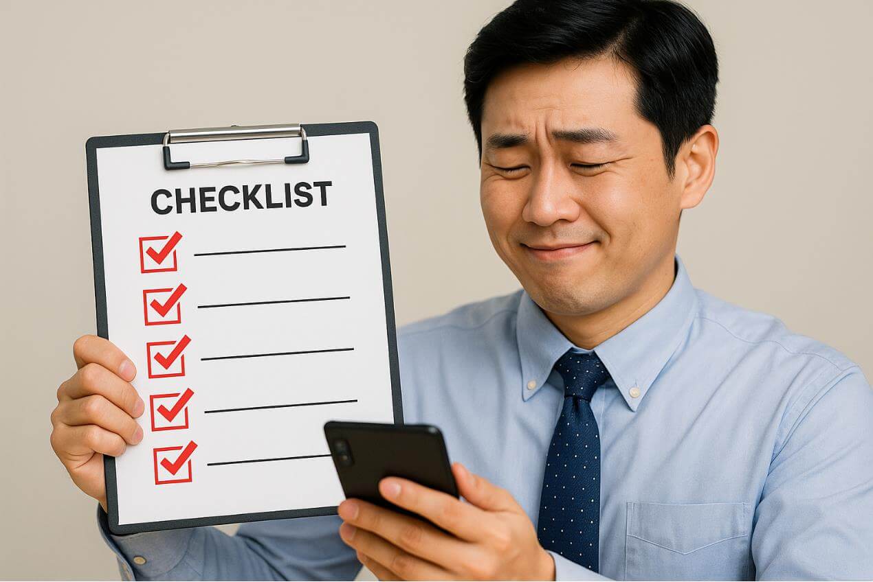 체크리스트에 빨간 체크 표시를 확인하며 안도하는 직장인 모습.