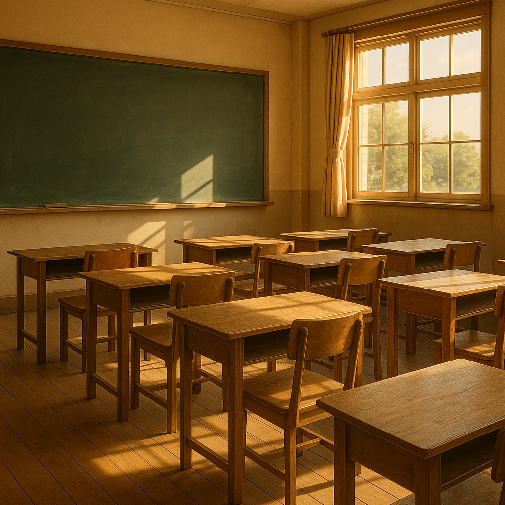 70년대 감성의 교실 풍경, 칠판과 나무 책상, 창밖으로 햇살이 비치는 정겨운 느낌