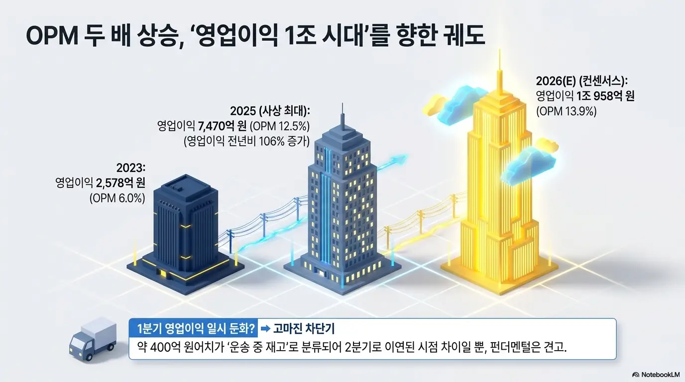 효성중공업 주가 전망: 효성중공업 영업이익이 2023년 2,578억 원에서 2025년 7,470억 원, 2026년 컨센서스 1조 958억 원으로 성장하는 흐름을 건물 높이로 표현한 인포그래픽. 영업이익률이 6%에서 13%대로 두 배 오른 점과 1분기 둔화가 고마진 물량 이연 때문임을 설명함.