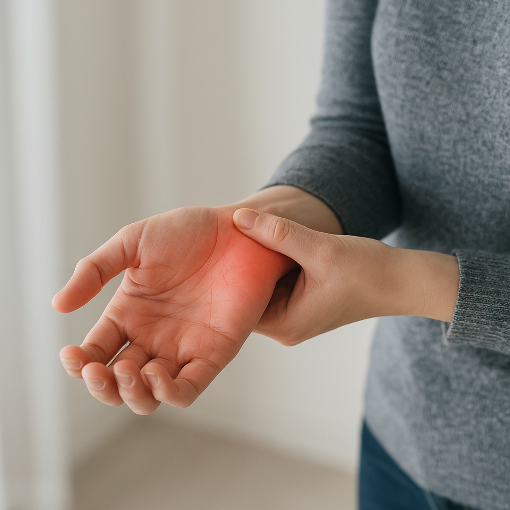 손목 통증으로 손을 감싸쥔 사람의 모습, 손목터널증후군 증상을 표현한 이미지.