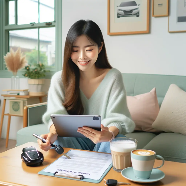 거실에서 태블릿으로 전기차 보조금 승인 메시지를 확인하며 커피잔 옆에 앉아 있는 동양인 젊은 여성의 초고해상도 사진