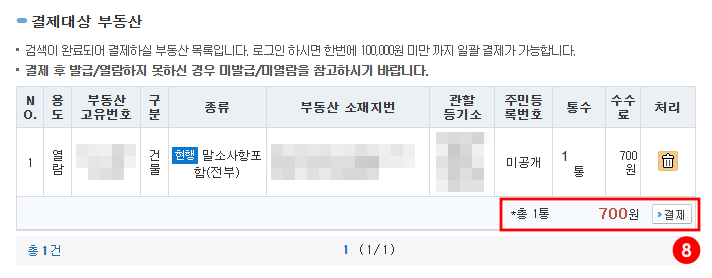 인터넷등기소-등기부등본-결제화면