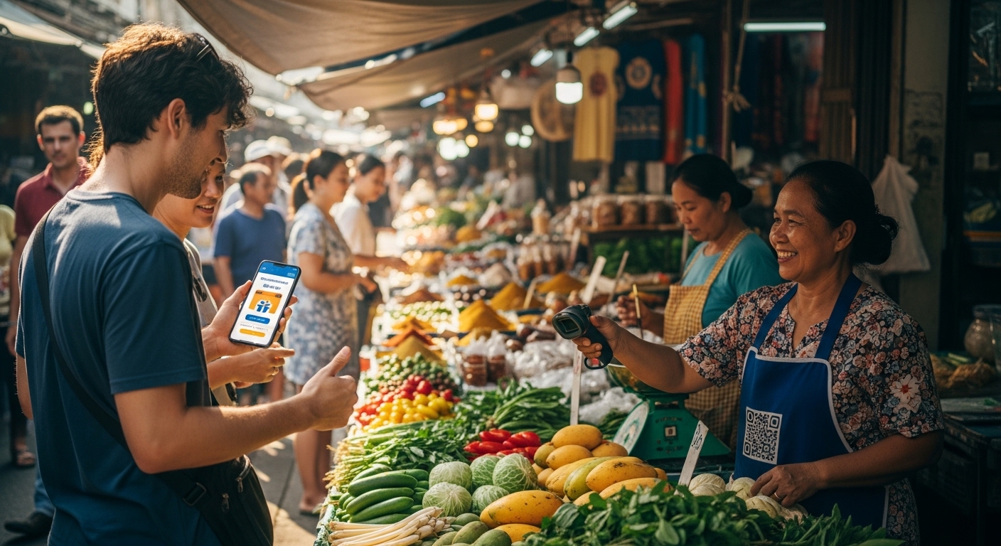 전통시장에서 디지털 온누리상품권을 사용하는 모습
