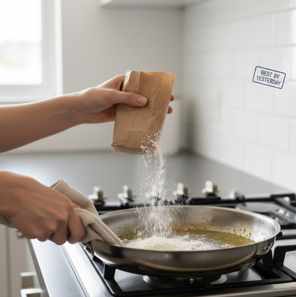유통기한이 지난 밀가루로 후라이팬의 찌든때를 닦는 사진