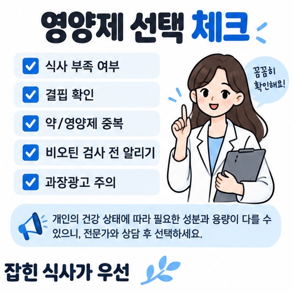 영양 결핍 확인 복용약 확인 성분 중복 확인 비오틴 검사 간섭 확인 과장광고 주의 등 영양제 선택 체크리스트 이미지