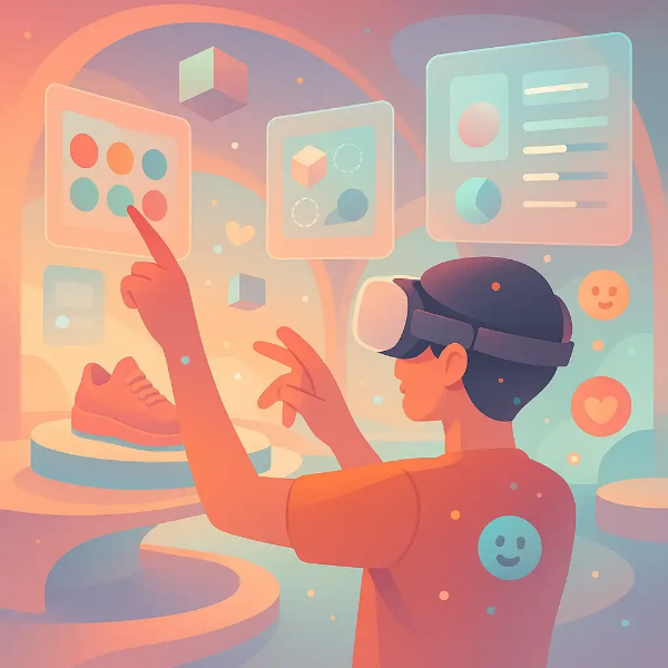 떠 있는 아이콘과 데이터를 통해 감각적인 몰입형 쇼핑 환경을 표현한 미래지향적 일러스트