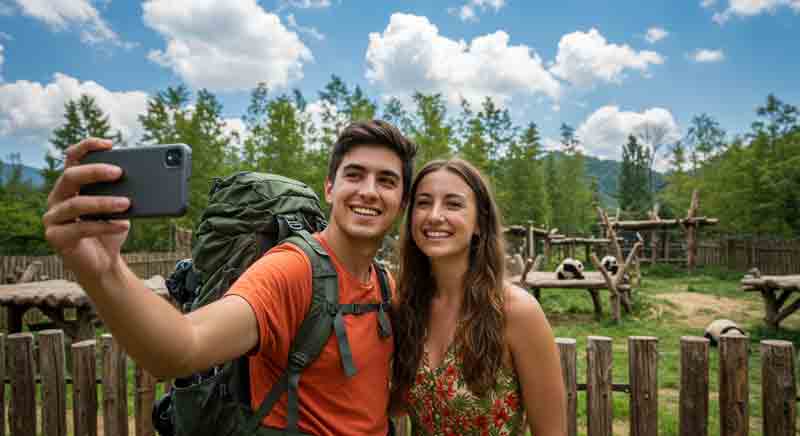 청두 판다 센터에서 셀카를 찍고 있는 젊은이들