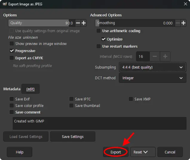 Export Image as ?
Options ...
Advanced Options ...
Metadata ...
Help, Export, Reset, Cancel