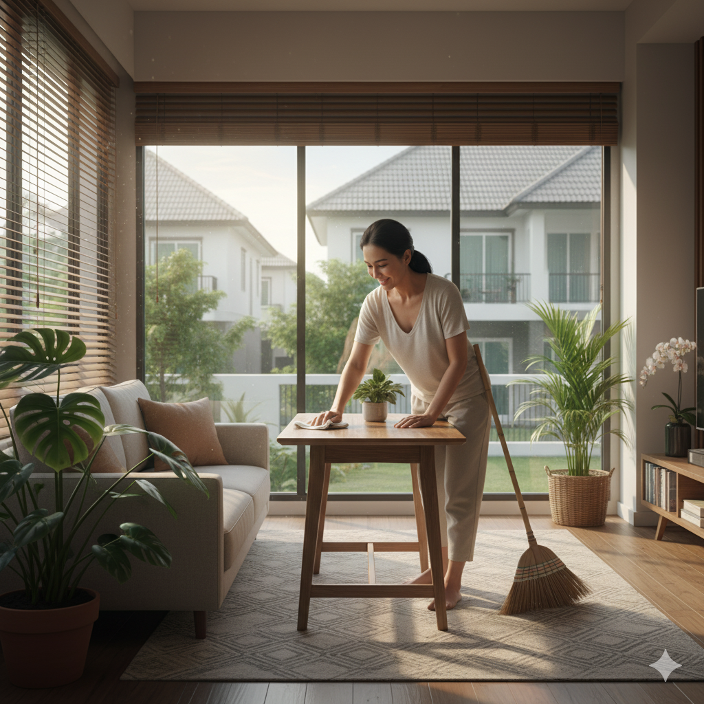 햇살이 들어오는 거실에서 청소를 하며 평온한 미소를 짓는 사람의 모습, 청소루틴과 심리적 안정을 상징(이미지 생성:google)
